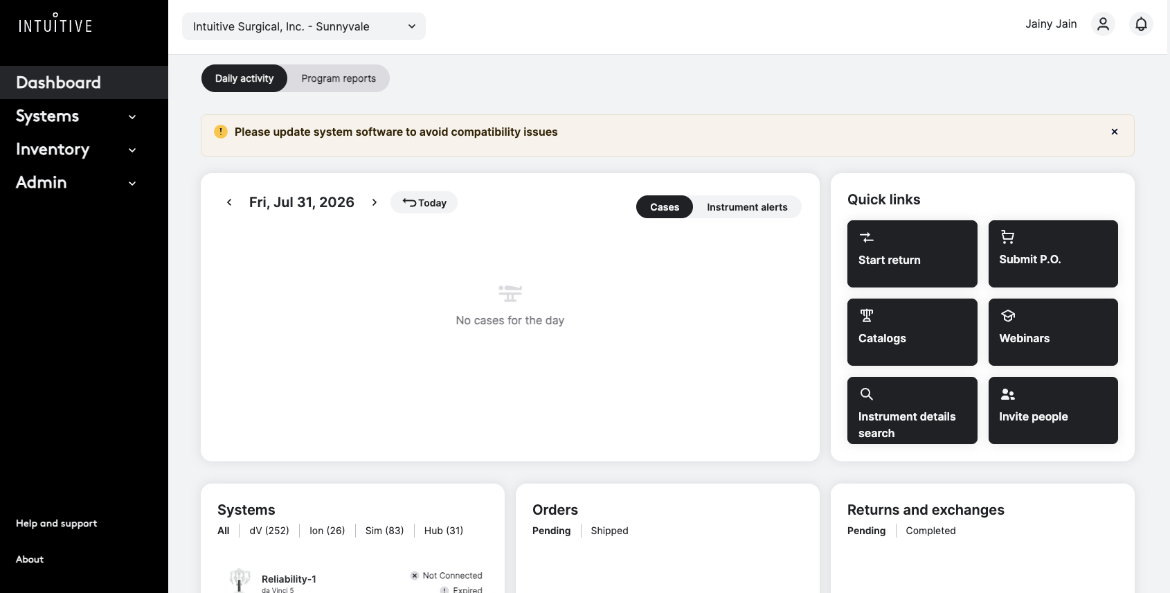 Intuitive Surgical Dashboard — System dashboard