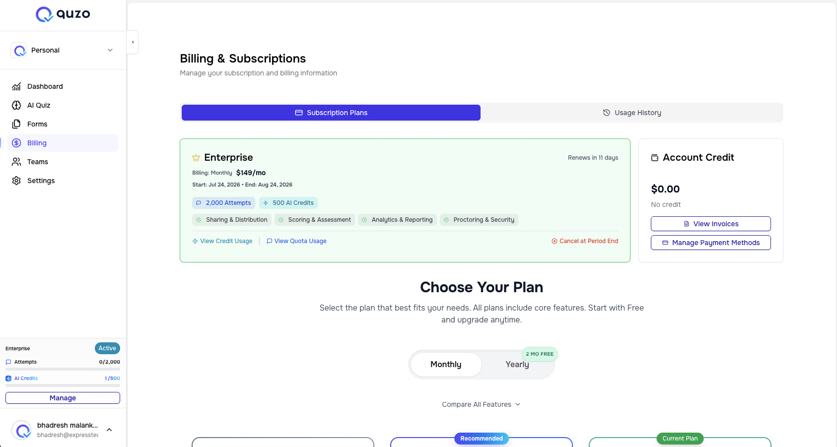 Quzo.ai — Billing workspace